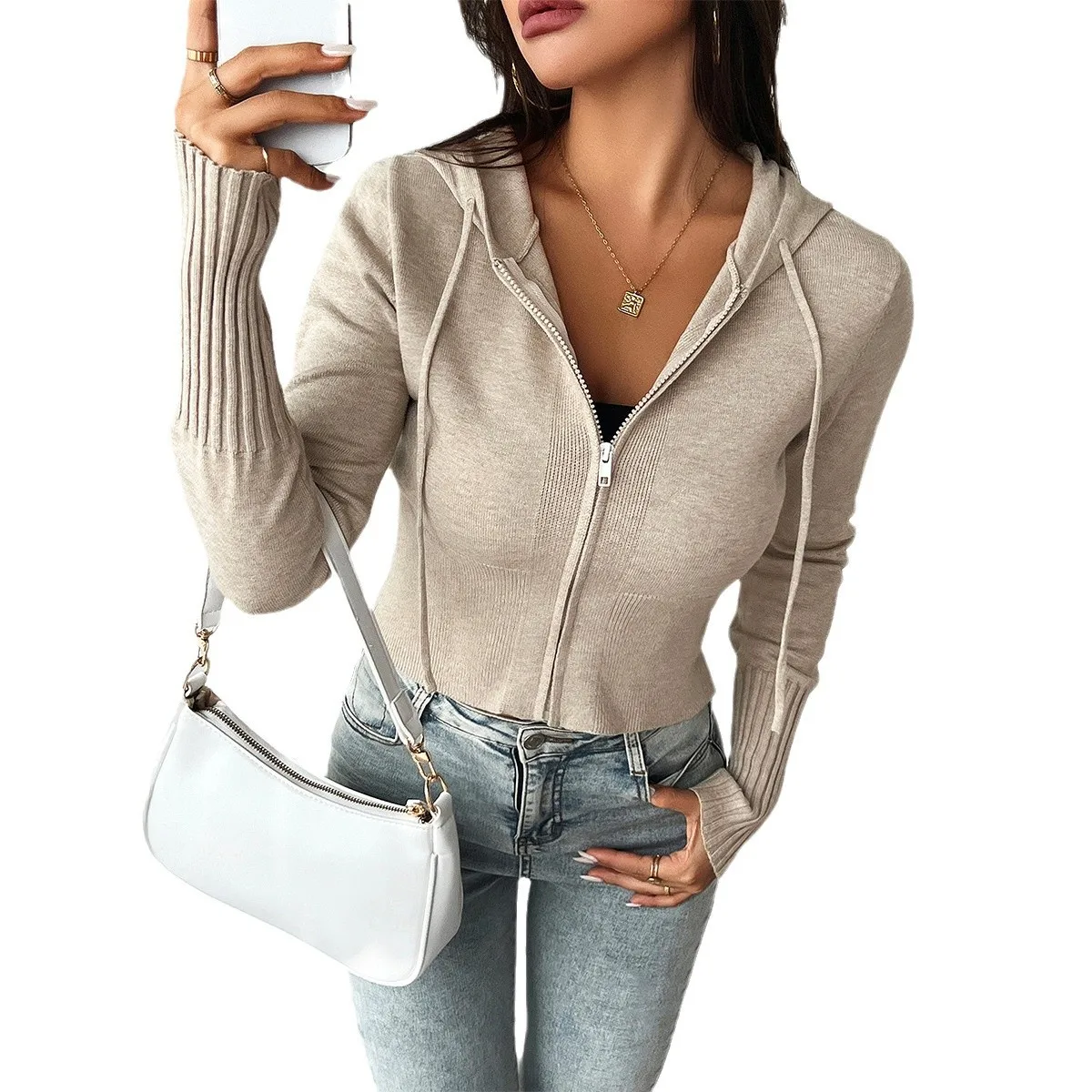 Custom Women Zip Up Drawstring Crop top Hoodie Long Sleeve Slim Fitted Casual Solid Ribbed Knit Cropped Hooded Sweatshirt
