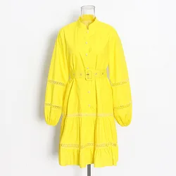 2022 Amazon Embroidered Stand Collar Long-Sleeved High-Waisted Long Simple White Women I Casual Clothes Dresses