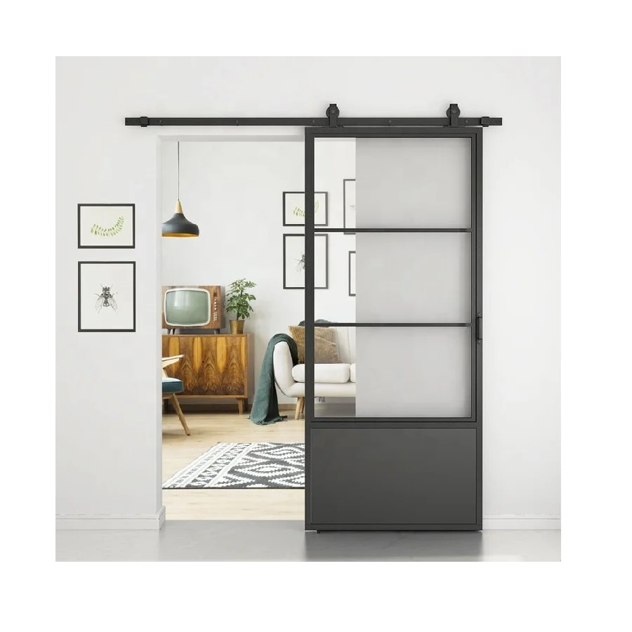 8ft Heavy Duty Barn Door Hardware Internal Double Sliding Doors Entry Doors Matt Black Frame + Clear Glass or Wooden Panel Steel