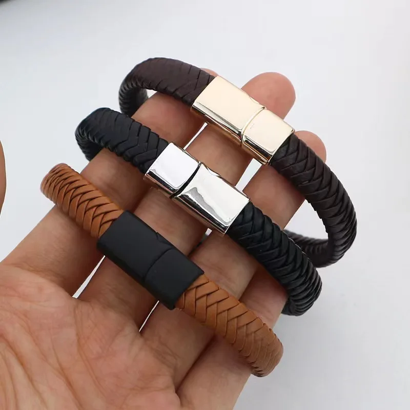 Europe and America fashion Black leather braided bracelet men Titanium steel Leather bracelets