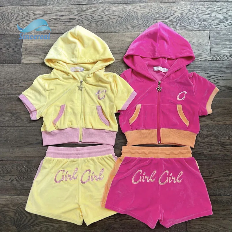 Custom y2k Ladies Two Piece Biker Shorts Sets Velvet Sweatsuits Embroidery Zip Up crop top Velour Tracksuits For Women