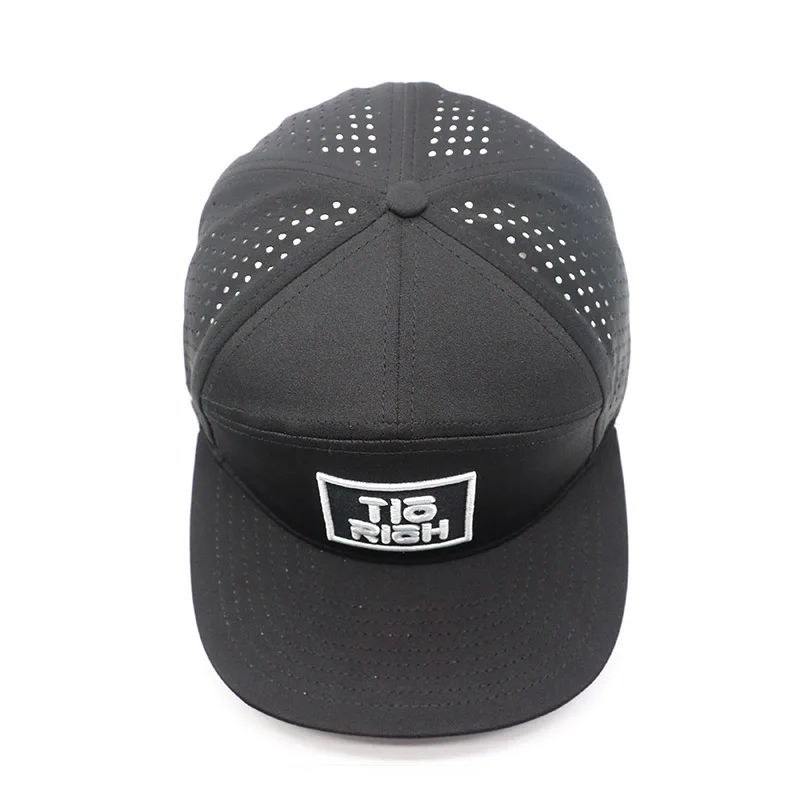 Custom 7 Panel Flat Bill Laser Cut Performance Waterproof black Baseball Cap High Quality Unisex  Hat & rubber logo