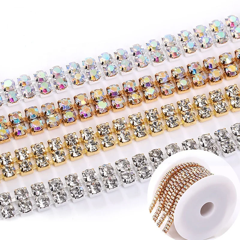 SS6 SS8 SS12 SS16 Round shape Double row Crystal glass rhinestone cup chain sew-on for Dress