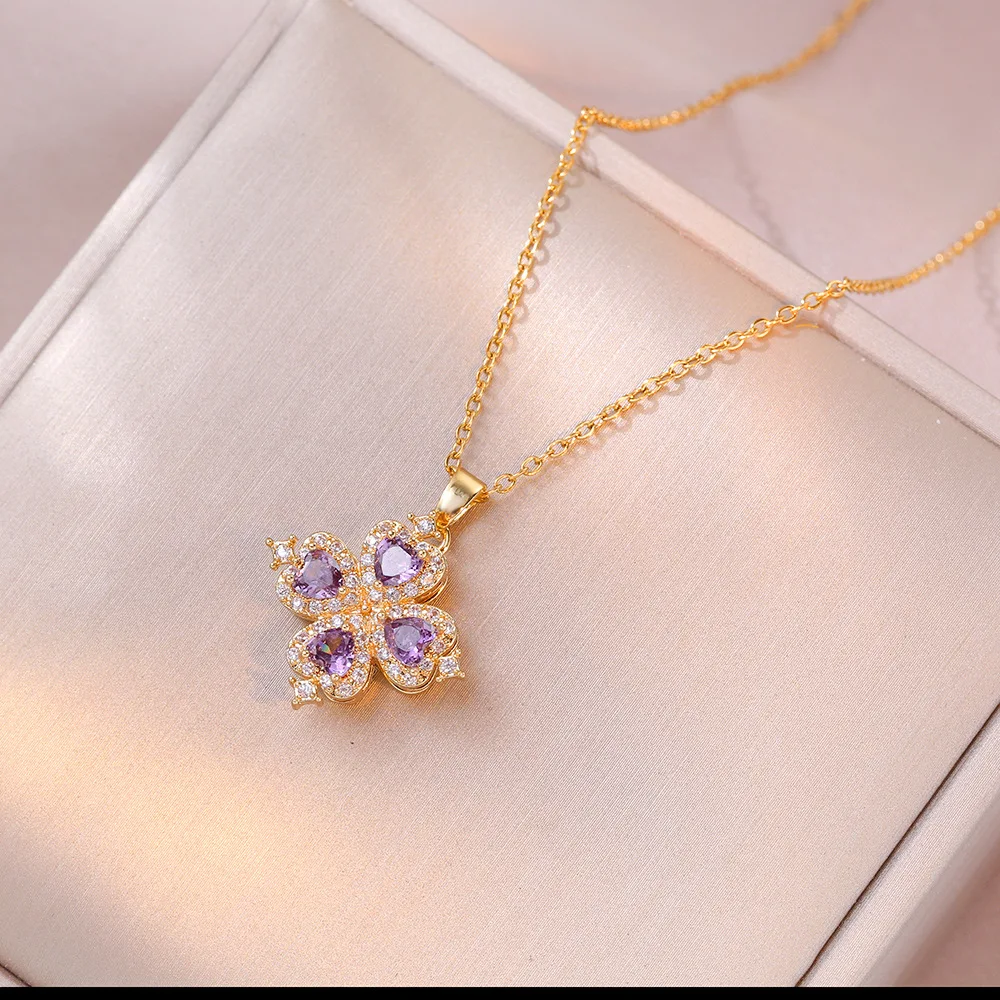 Collar De Acero Inoxidable 8K Gold Plated Stainless Steel Purple Zircon Flower Pendant Necklace Earring Bracelet Ring Jewelry