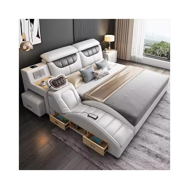 Modern Bedroom Storage Leather Tatami  Bed Multifunction Massage Tatami Bed Smart Bed With USB Charge and Speaker