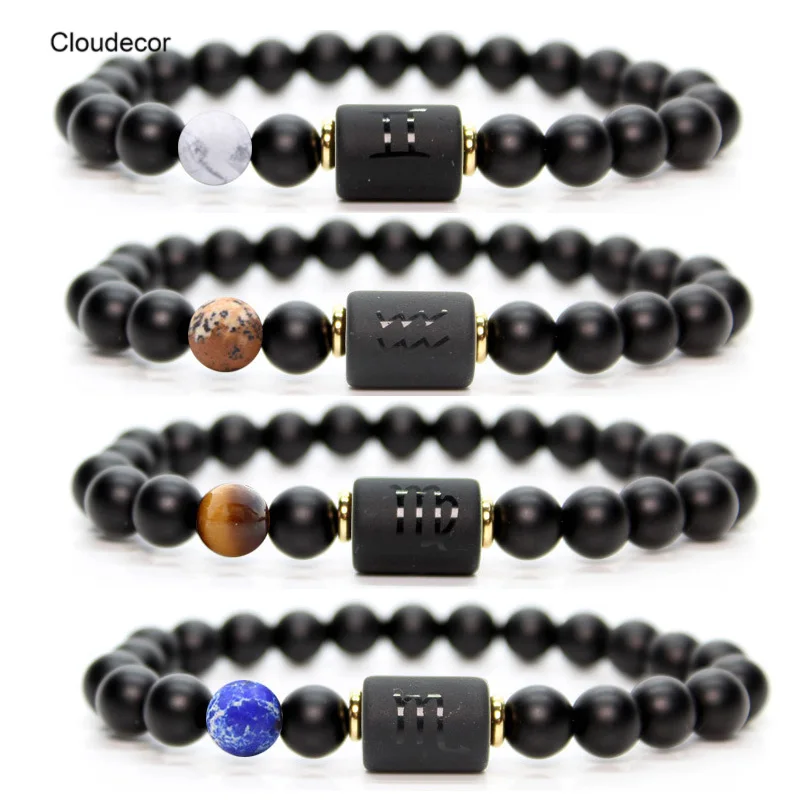 Black Zodiac Sign Beaded Bracelet Howlite Turquoise Tiger Eye Imperial Stone New Natural Stone 12 Zodiac Bracelet  Men Couple