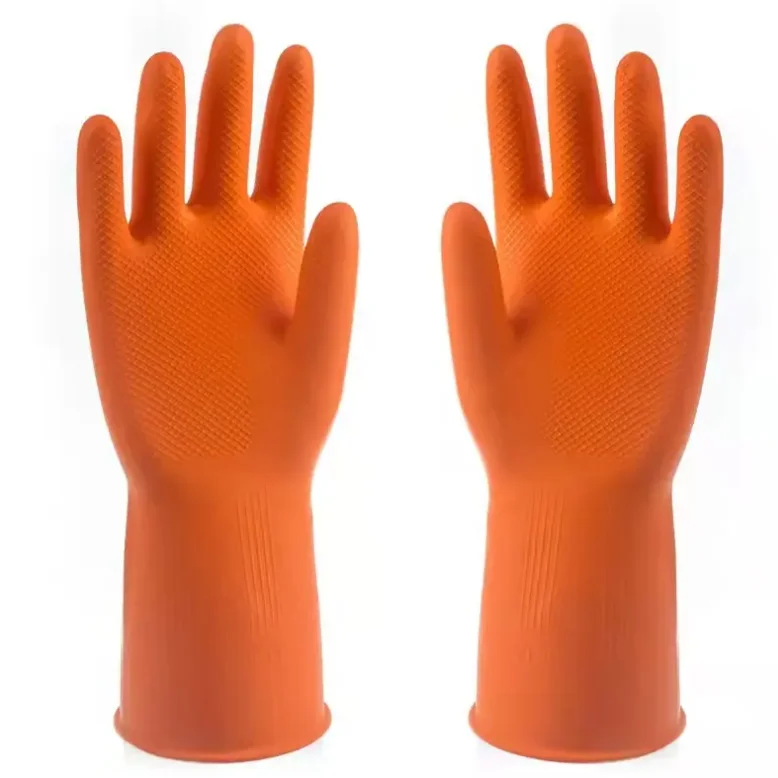 Household 100% Latex Food Grade Net Grip Flocklined Cleaning Kitchen Working Yellow Rubber Household Gloves