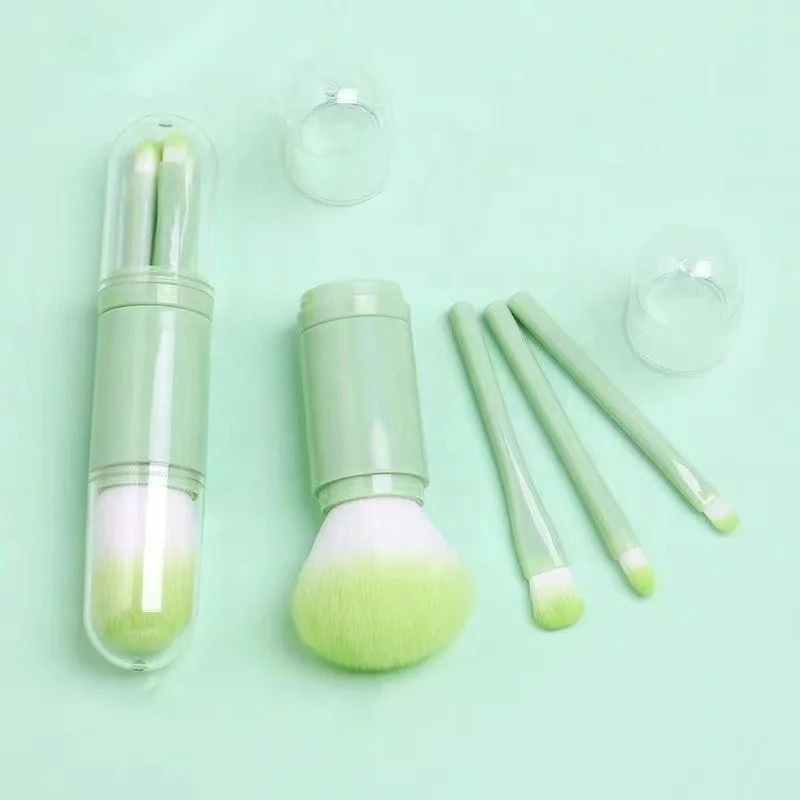 2023 New Custom Logo Portable 4 in 1 Retractable Powder Foundation Brush Mini Eye Eyeshadow Makeup Brush Set