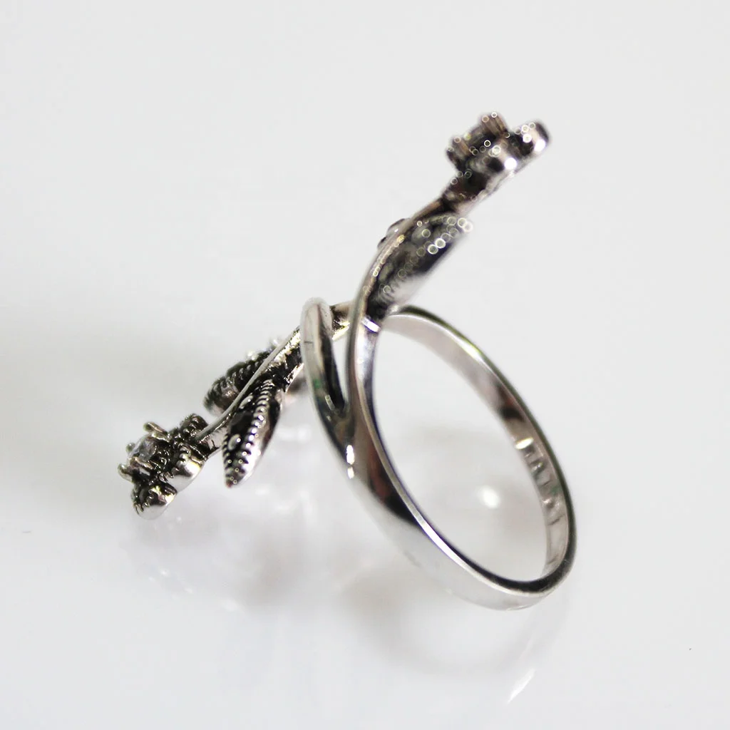 Stylish Silver Plated  Long Finger Rings Flower with Black Diamonds and Zircon