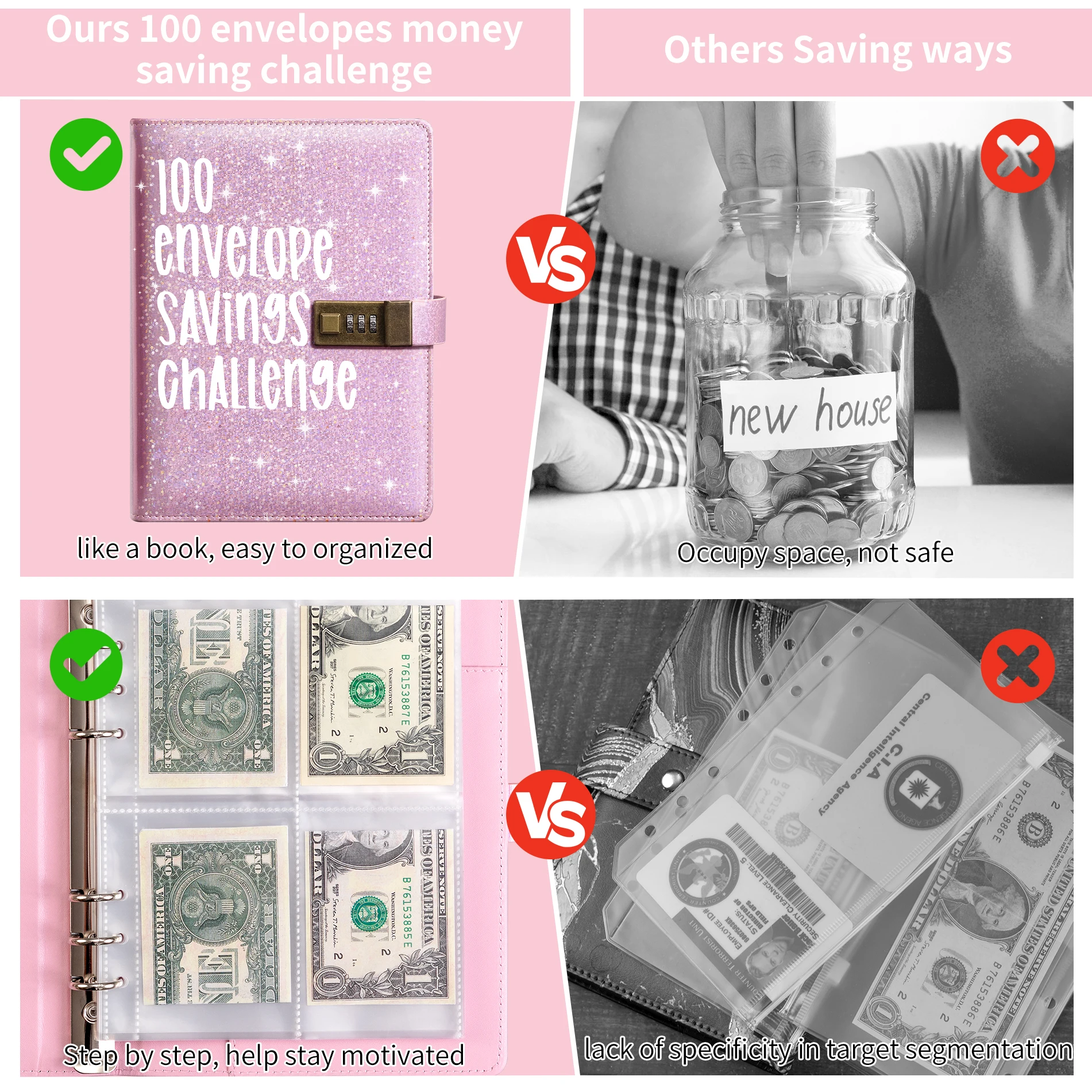 100 конверты для экономии денег Challenge A5 Pink Budget Binder с кодовым замком