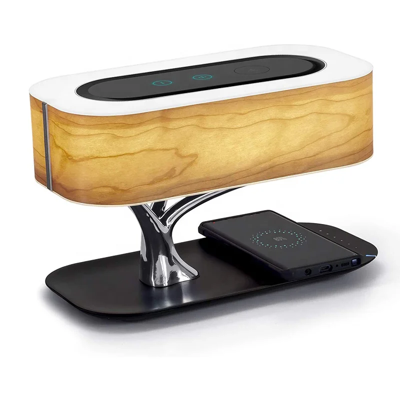 Christmas Gift Brightness Adjustable Wireless Charging Bedside Wood Desk Lamp Led Wireless Charger Speaker Portable