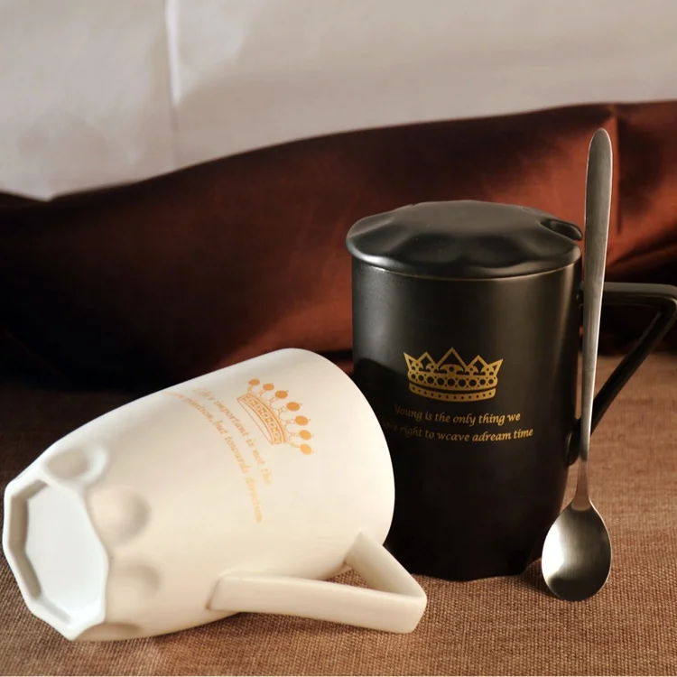 Ceramic black coffee cup porcelain coffee mug with lid and spoon for Valentine gift