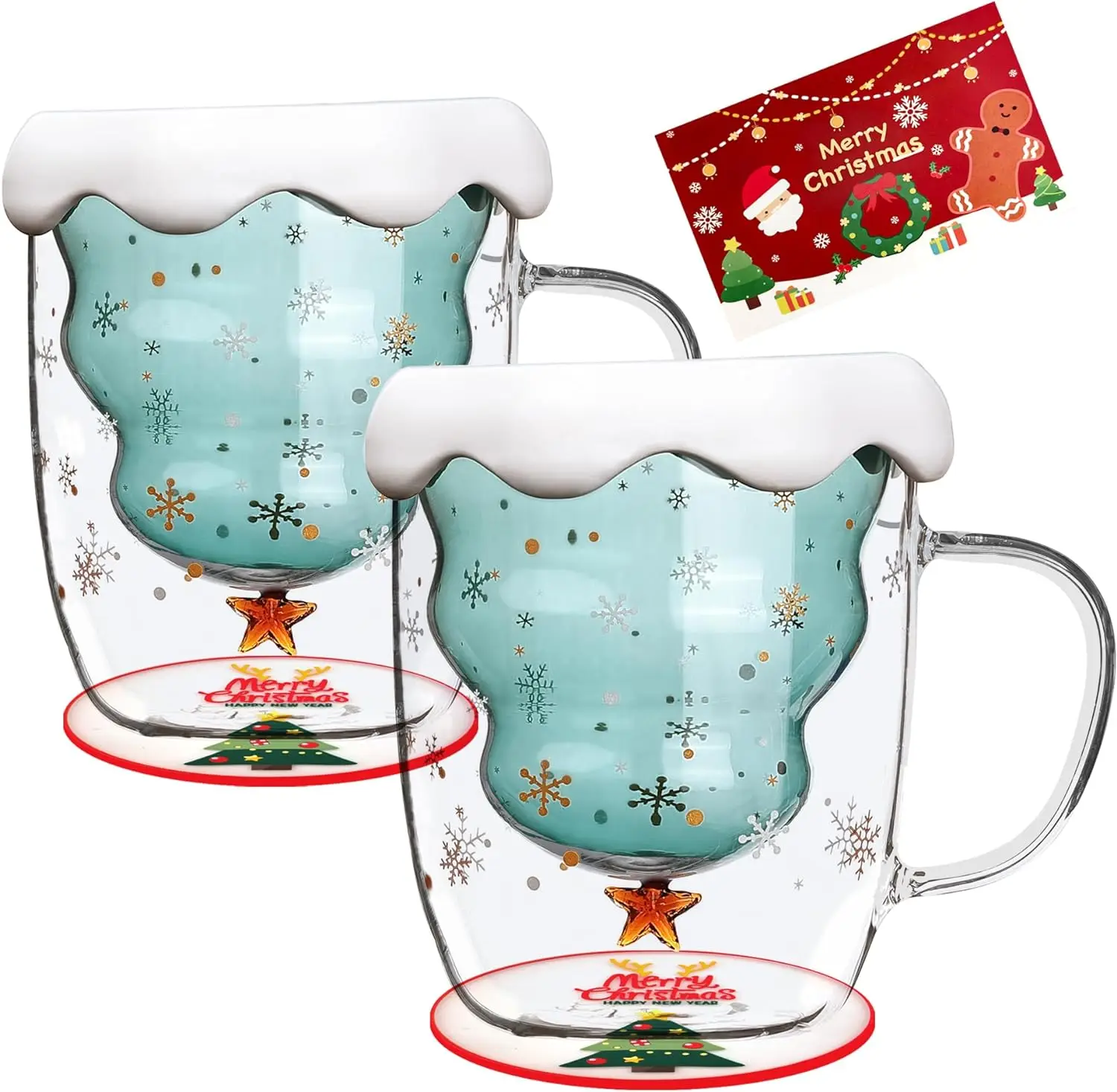 Factory supply Cute Christmas Heat Resistant Handled Christmas Tree Cup Double Wall Glass Mug With Lid