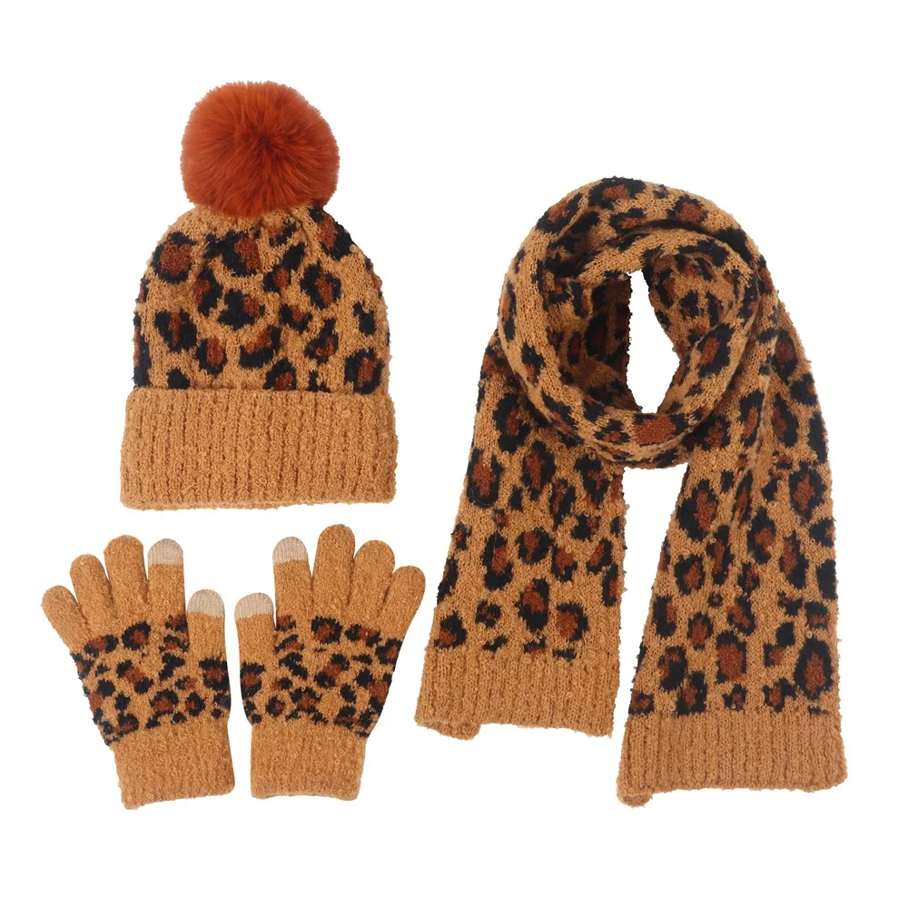 New winter beanie hat and scarf and gloves pompom hat  3 piece leopard print warm suit for kids and baby 4-8YY