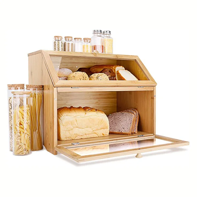 Modern Kitchen Bamboo Food Bread Bin Loaf Toast Storage Box 2 Layer Luxury Large Capacity Countertop with Acrylic Lid