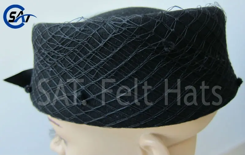 Black wool felt ladies pillbox hat with feathers