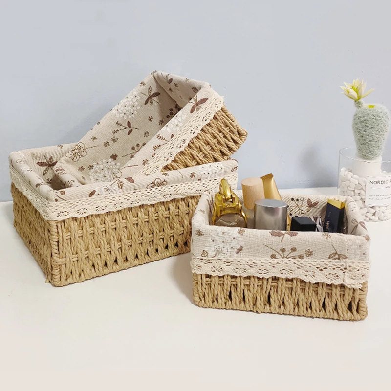 Tabletop Handmade Paper Rope Storage Basket Woven Makeup Basket Kids Toy Storage Organizer Basket