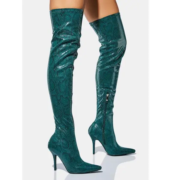 Fashion ladies stiletto high heels pointed toe winter long stretchy boots customize over the knee green snake thigh high boots