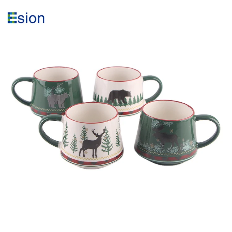 Wholesale 12oz new bone china christmas trees logo ceramic coffee mug milk drink cup porcelain tea cup set for christmas gift mu