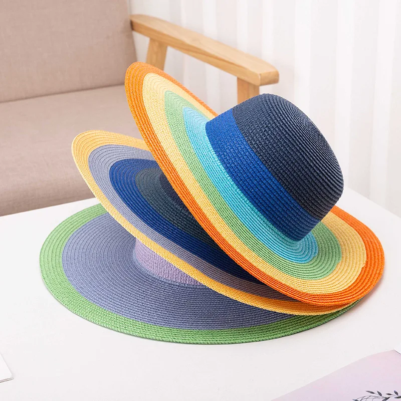 Instagram popular net red summer little fresh shade women beach vacation sun hat Sun block beach hat dome rainbow straw hat