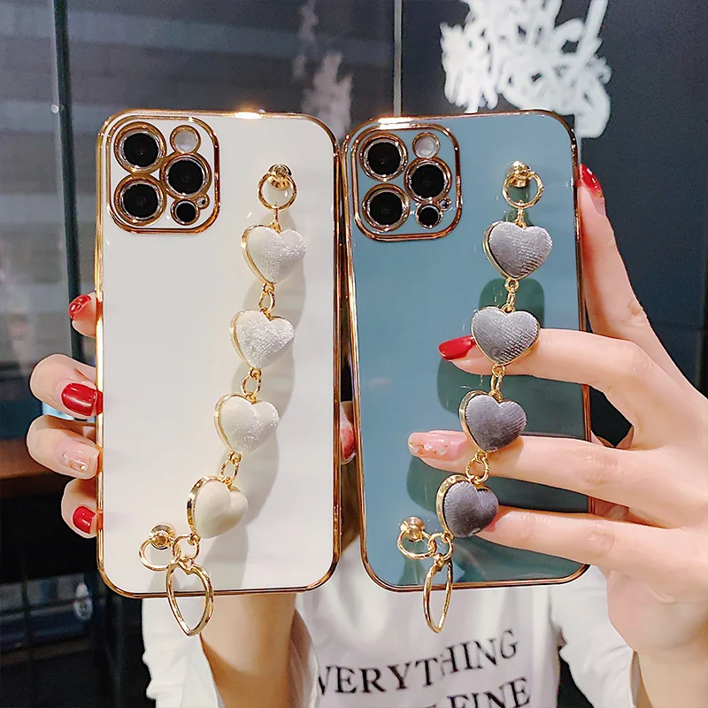 Luxury Electroplated Phone Case With Heart Wrist Strap for iPhone 14 13 12 11 Max Pro XS XR X 7 8 Plating TPU Girls Cover Case