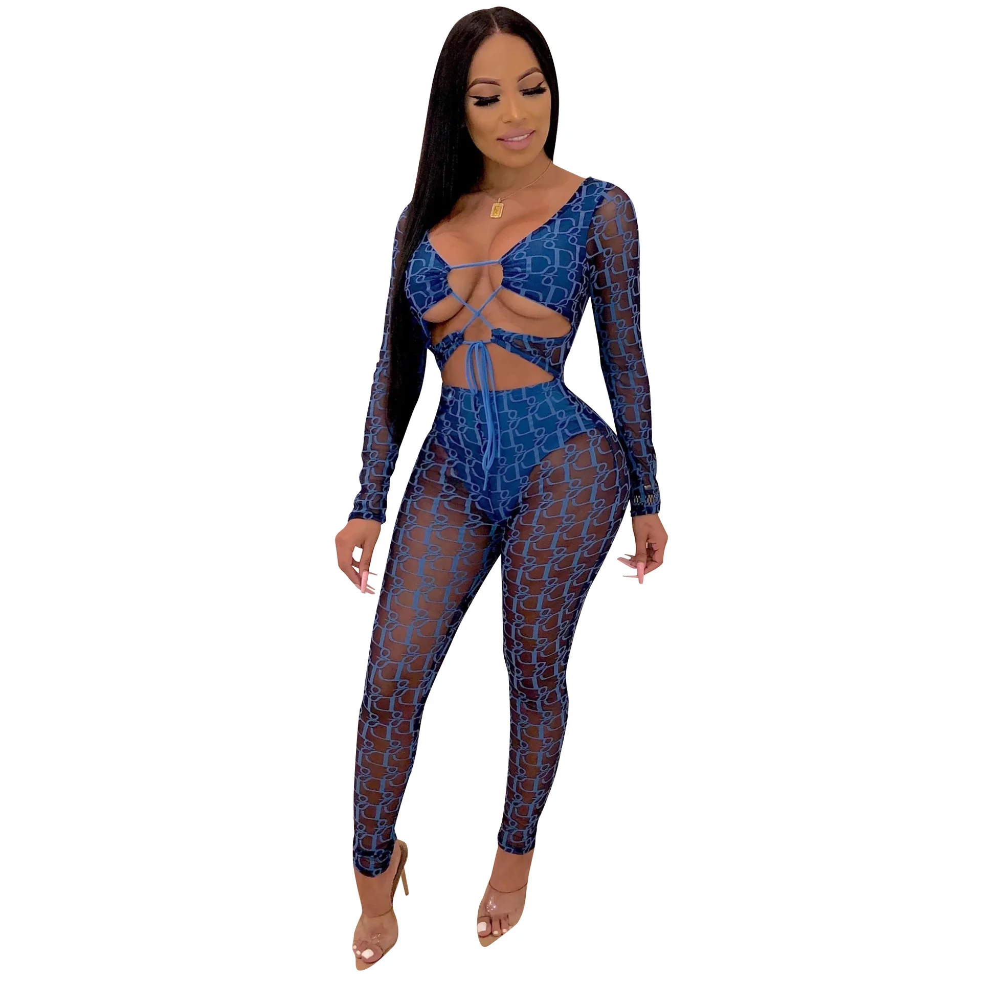 B91236 2019Women fashion sexy letter  printing jumpsuit long sleeve women bodycon jumpsuit pencil pants mesh sexy women jumpsuit
