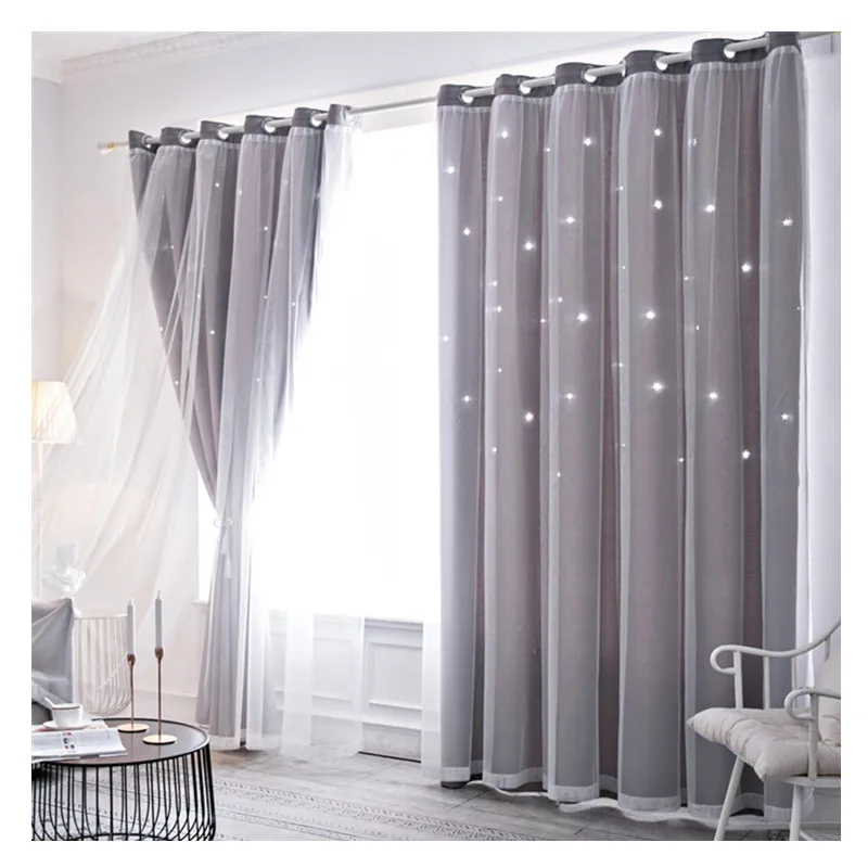 
Bedroom Double Layer Finished Product Customization Korean Princess Style INS Web Celebrity Hollow Star Shading Curtain 