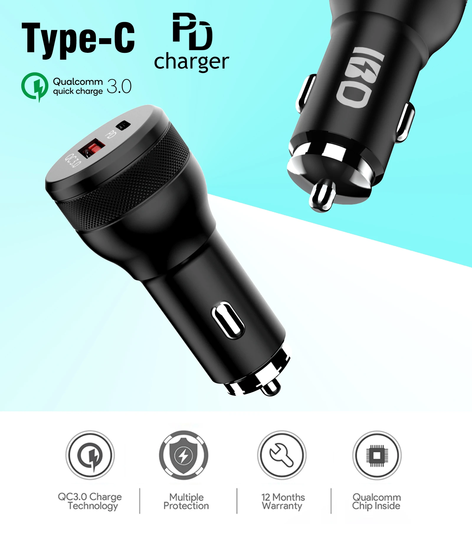 IBD высокой мощности PD Type-C 45 Вт USB Автомобильное зарядное устройство Черный pps мини с двумя выходами для автомобиля мобильных