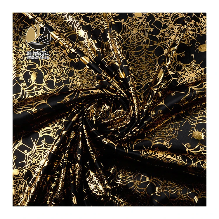 Customized gold shiny printed knitting bronzing fabric with cobweb pattern gold shiny fabric