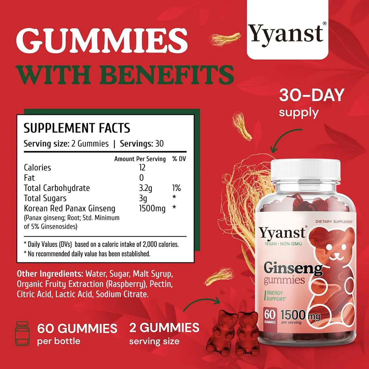 OEM/ODM Dietary Supplement Korean Red Panax Ginseng Gummies Energy Support Boost Immunity Ginseng Gummies