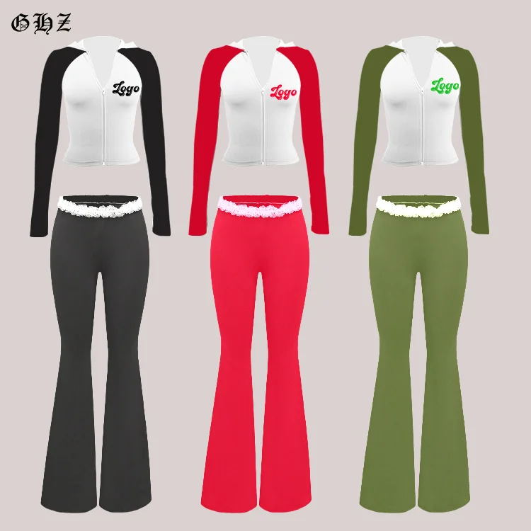 2025 Spring Manufacturers for Women Cotton Basic Slim Fitted Skinny Long Sleeve Tops Raglan Shirt Flared Fold Over Pants Sets