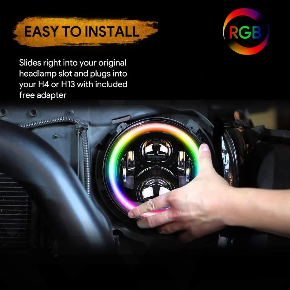 7 inch Round LED Headlight RGB Halo Angel Eyes Light With Mobile Phone APP Remote For TJ LJ JK  Hummer H1 H2 Headlamp