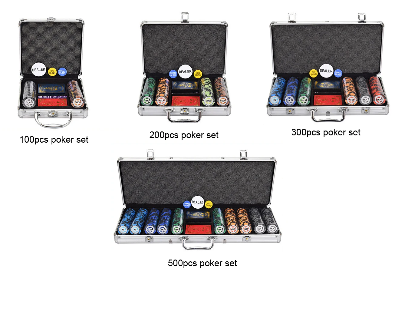 500pcs stickers poker chip set in Silver aluminium case