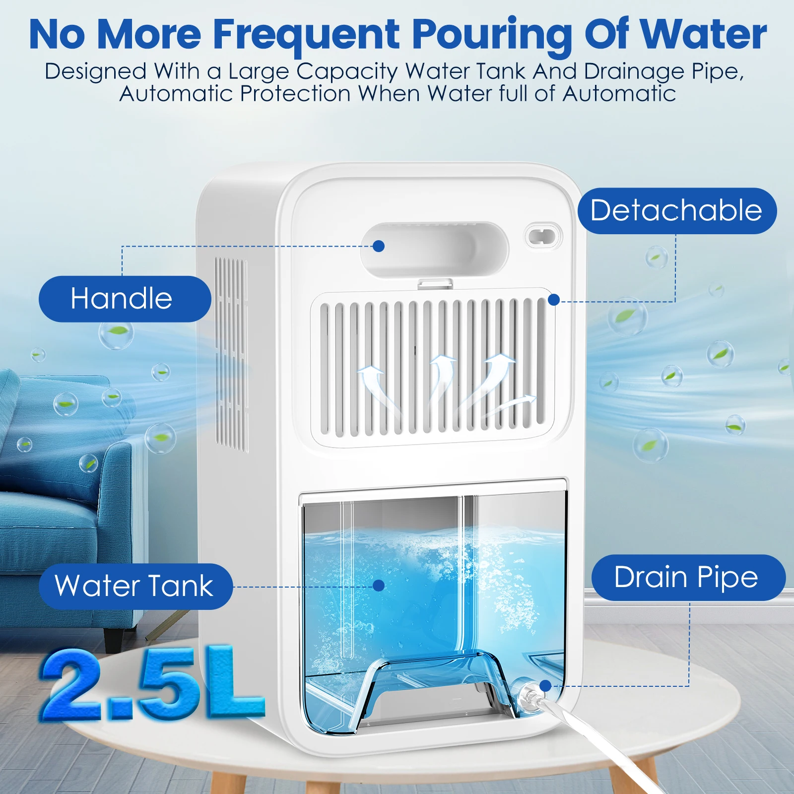 Air Dehumidifier With Continuous Drainage, Sleep Mode, 7 Coloful Light 60W 1000ML/D