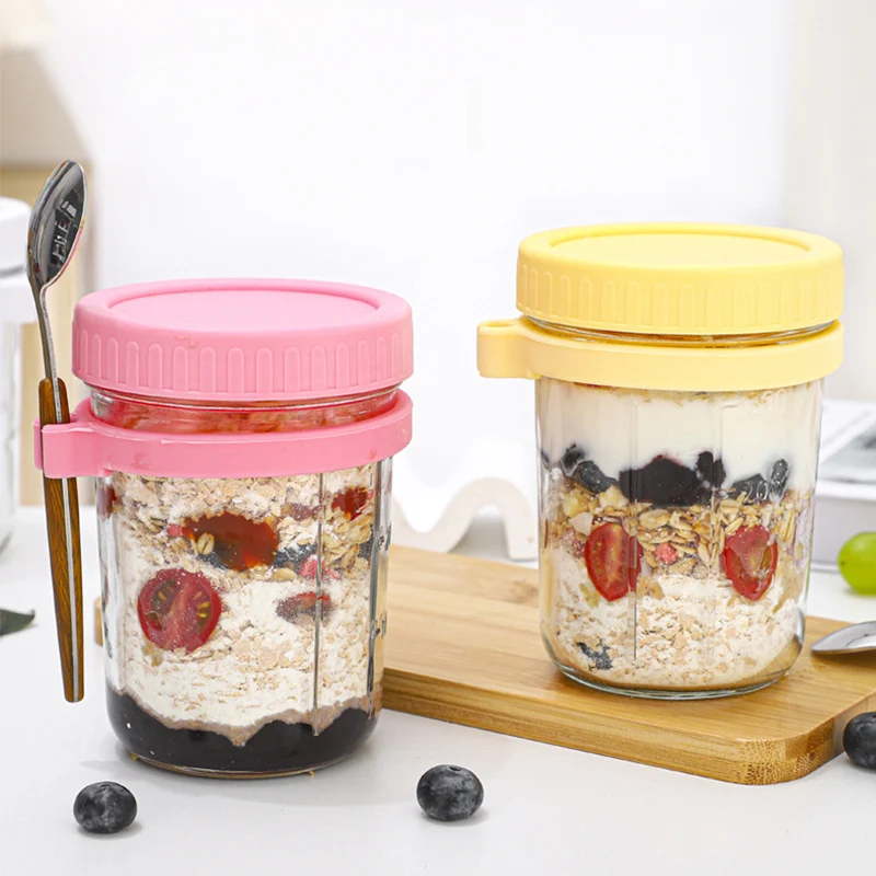 Recyclable  Overnight Oats Jars With Lid And Spoon 350ml Oatmeal Container With Measurement Marks With Lid For Cereal Milk