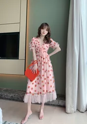 Summer Vacation Dresses Casual Girls Summer Strawberry Printed Pink Sweet Midi Dress