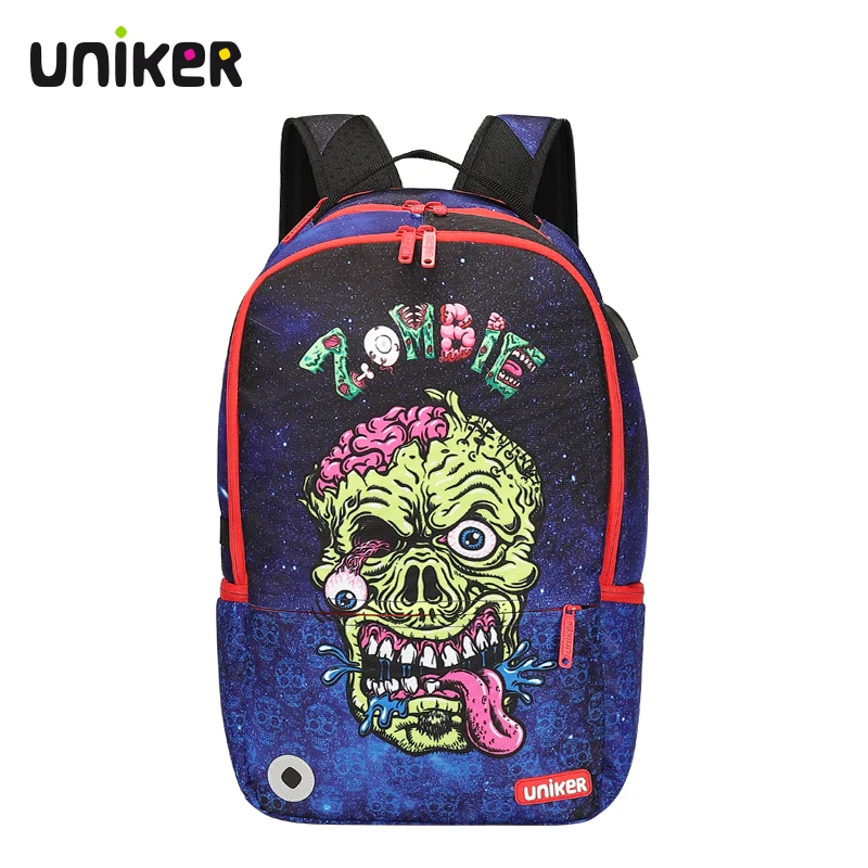 UNIKER zombie fashion street style backpack USB charger adepter backpack water repellent backpack for girls