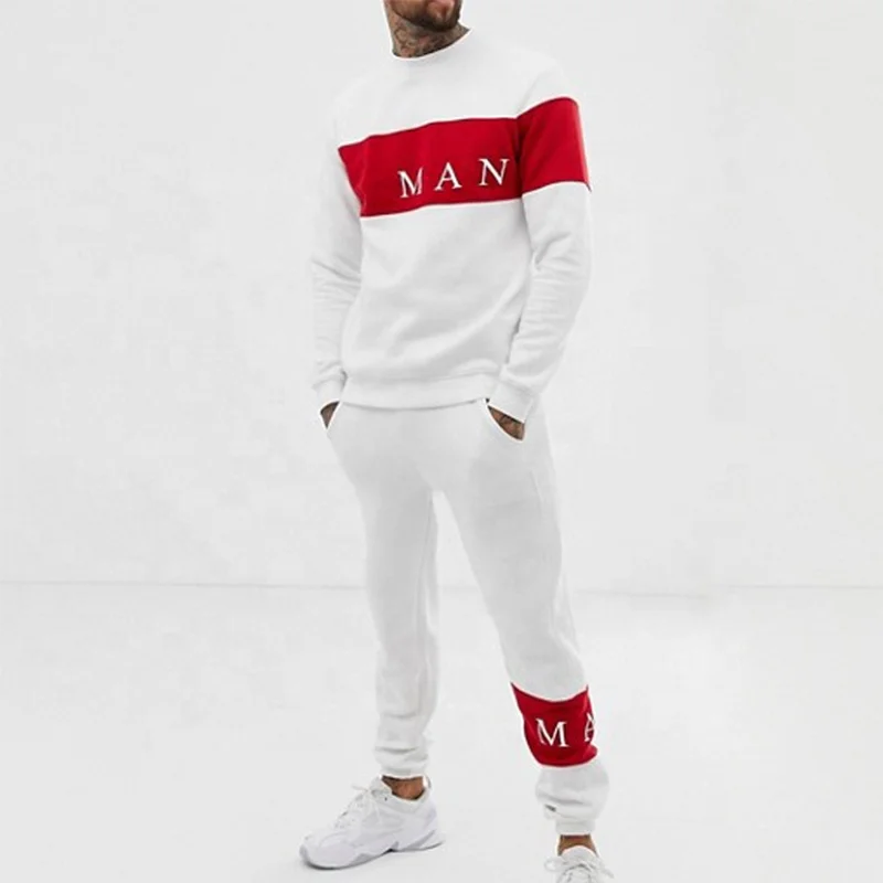 Wholesale Men White Red Two Ttone Sweatsuit Set Cotton Jogging Suits Slim Fit Sweat Suits