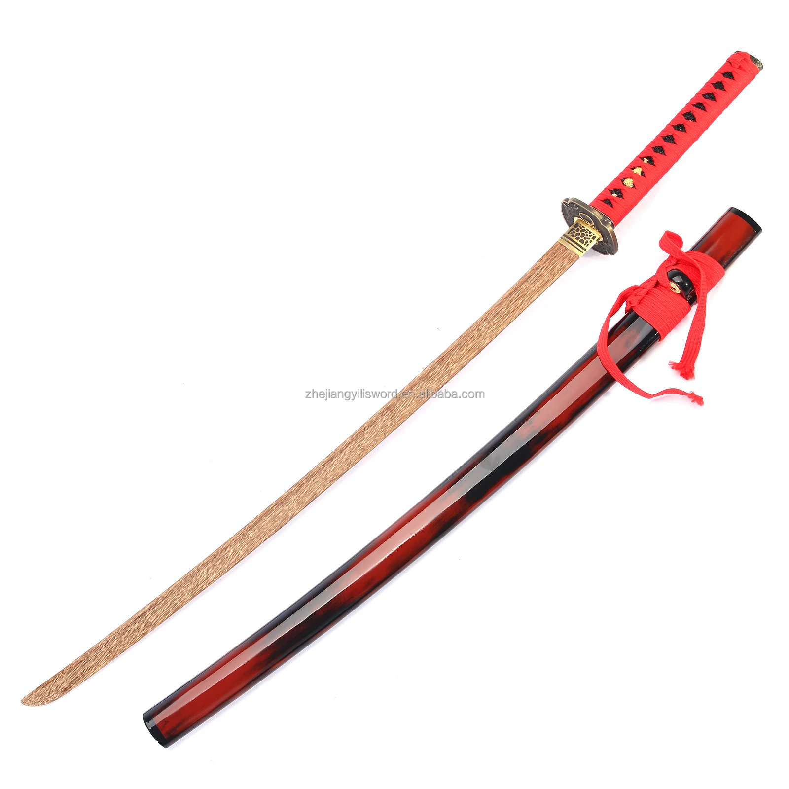 Functional Ninja Weapons Japanese Samurai Wood Sword Red Saya Kendo Sword Training Bokken Practice Sword Weapons for Adults