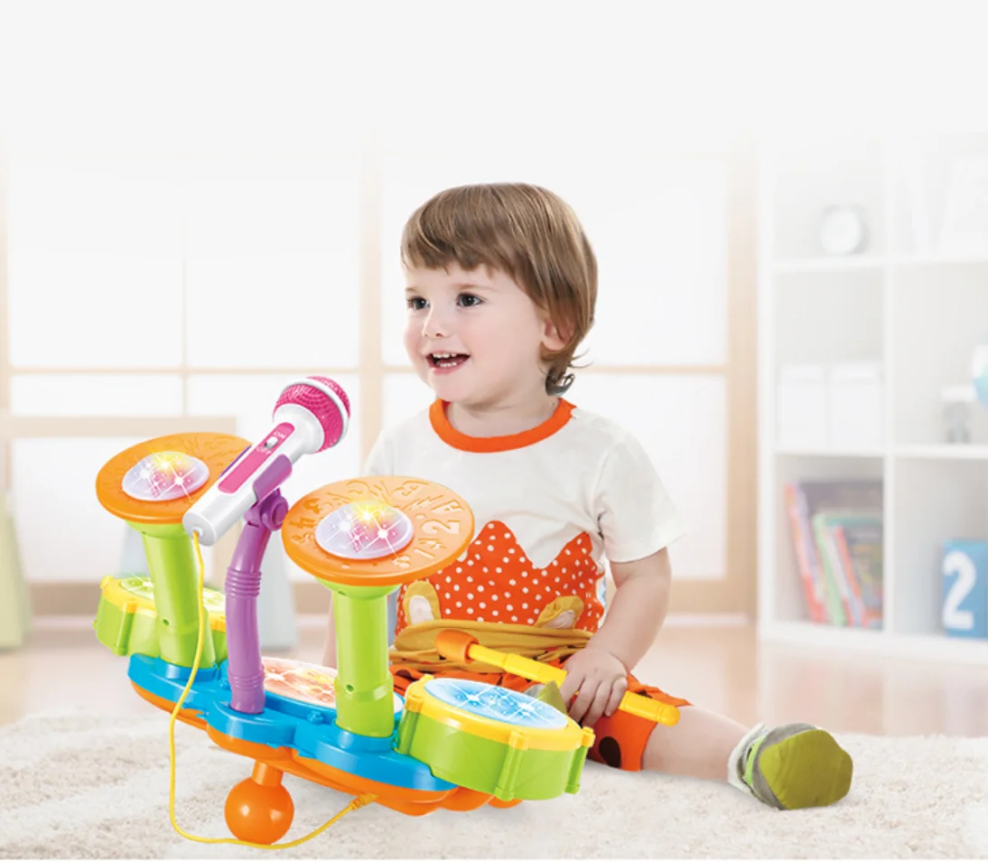Multifunctional Kids Musical Instrument Toy Set Jazz Drum & Keyboard Microphone Sound Learn Function Wood Material Box Packed