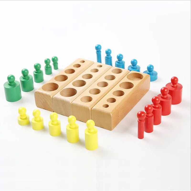 Wooden Cylinder Puzzle Set Montessori Knob Cylinders with Socket Kids Colorful Cylinder Ladder Blocks