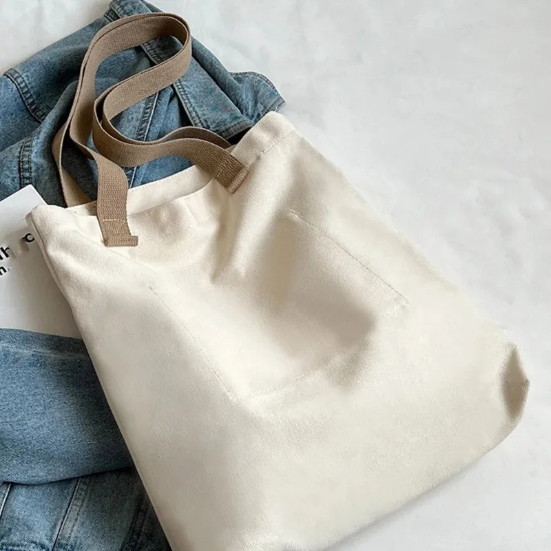 New Fashion College Style Custom Large Cotton Canvas Tote Bag with Pockets for Women Shopper and Student Class