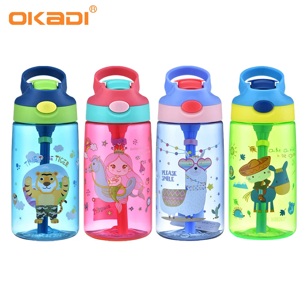 OKADI 470ml Custom Cartoon Children Bottle Travel Leakproof Plastic BPA Free Kids Drinking Cute Water Bottle with Straw