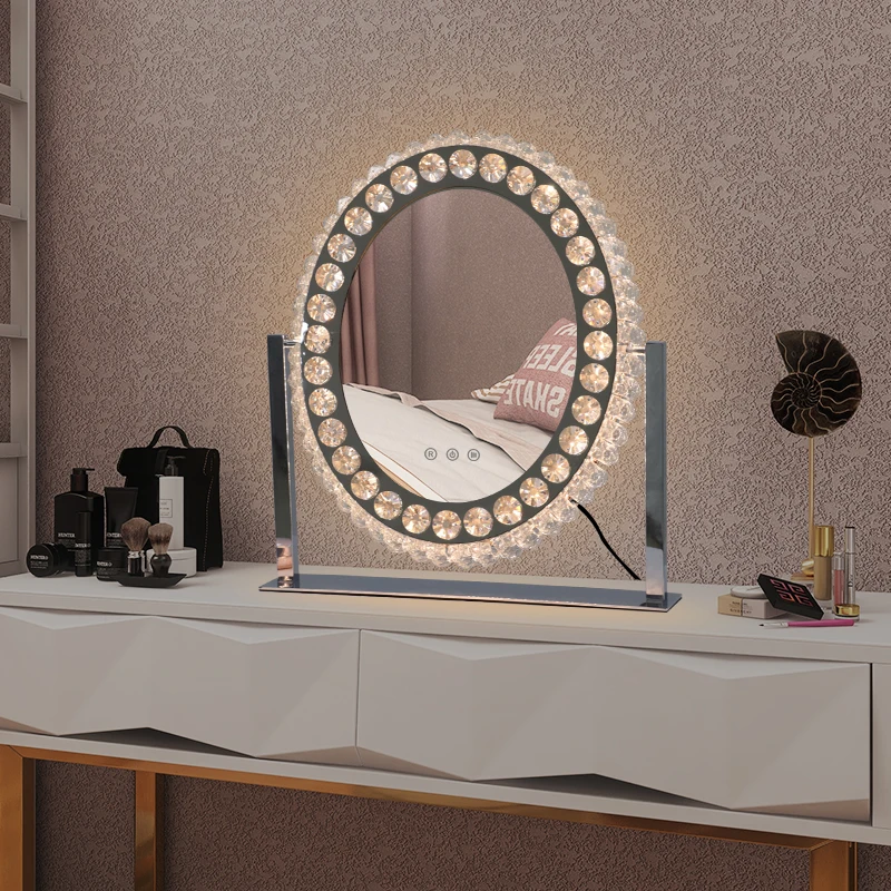 Luxury Crystal Led Table 360 Degree Rotation Large Size Beauty Distribute Touch Sensor Switch 3 Color Lights Makeup Mirror