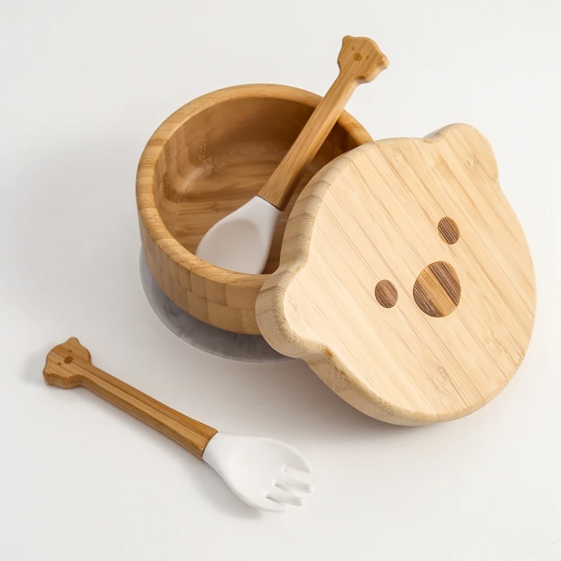BPA-Free Non-Slip Bear Shape Bamboo Feeding Baby Suction Bowl and Spoon Fork Set for Kids