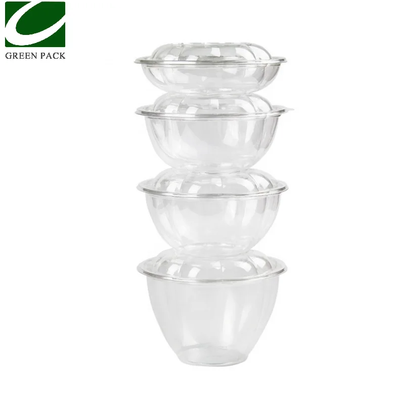 16/24/32/48oz disposable clear plastic pet round fruit salad bowl with lid