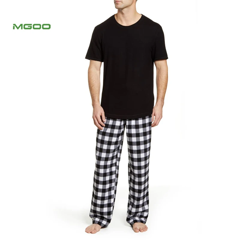 
MGOO Custom Crewneck Cotton Polyester Flannel Short Sleeves Men Plaid Night Pajama Set 