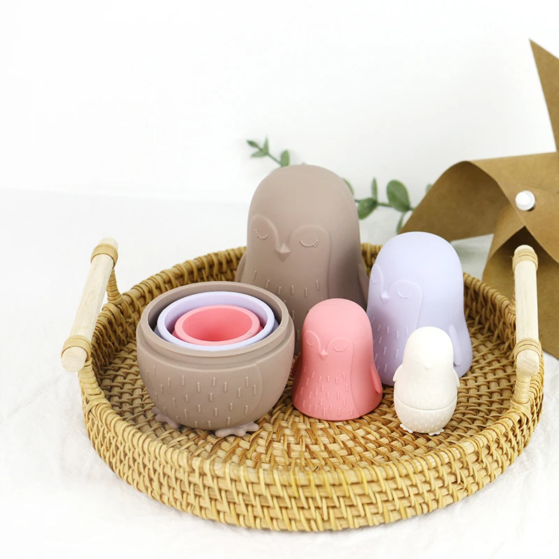 Belochhy Custom Logo Penguin Silicone Stacking Cup Matryoshka Russian Nesting Dolls Juguete Bebe Toddlers Baby Educational Toys