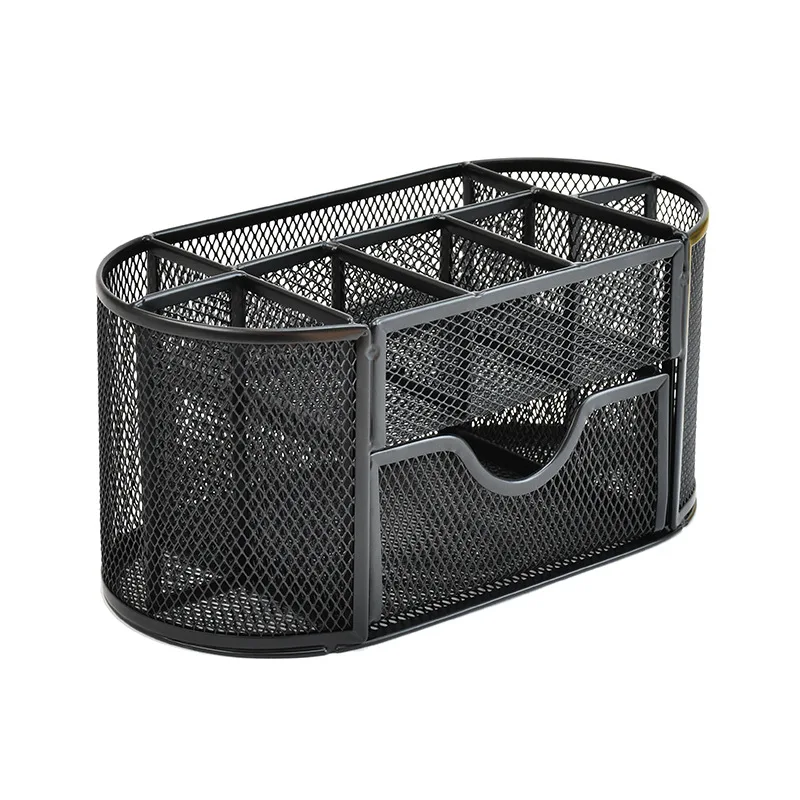 JTX282 Multifunctional Letter Tray Organizer Pencil Holder Office Metal Mesh Desk Organiser With Sliding Drawer Pen Holders