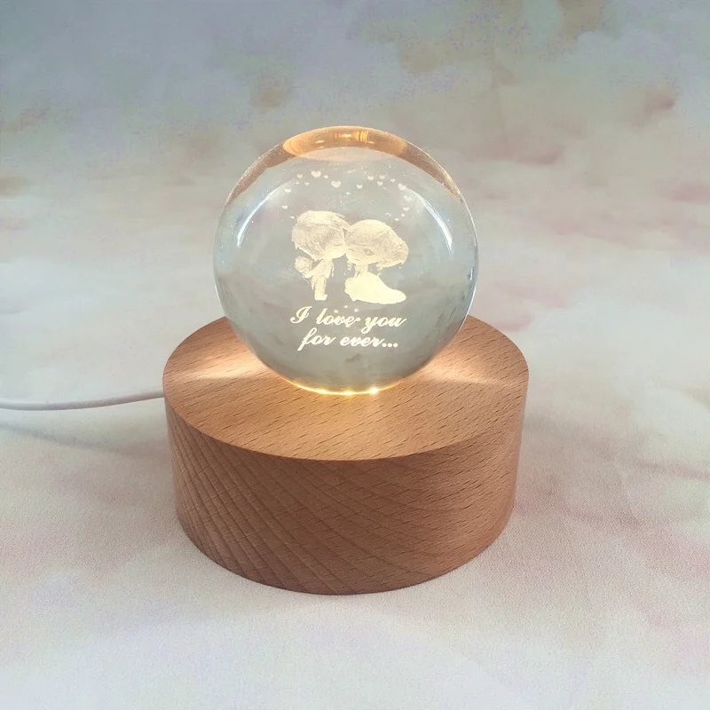 Новый дизайн, светодиодный ночник с 3D хрустальным шариком, настольная лампа с деревянной основой для рождественского подарка